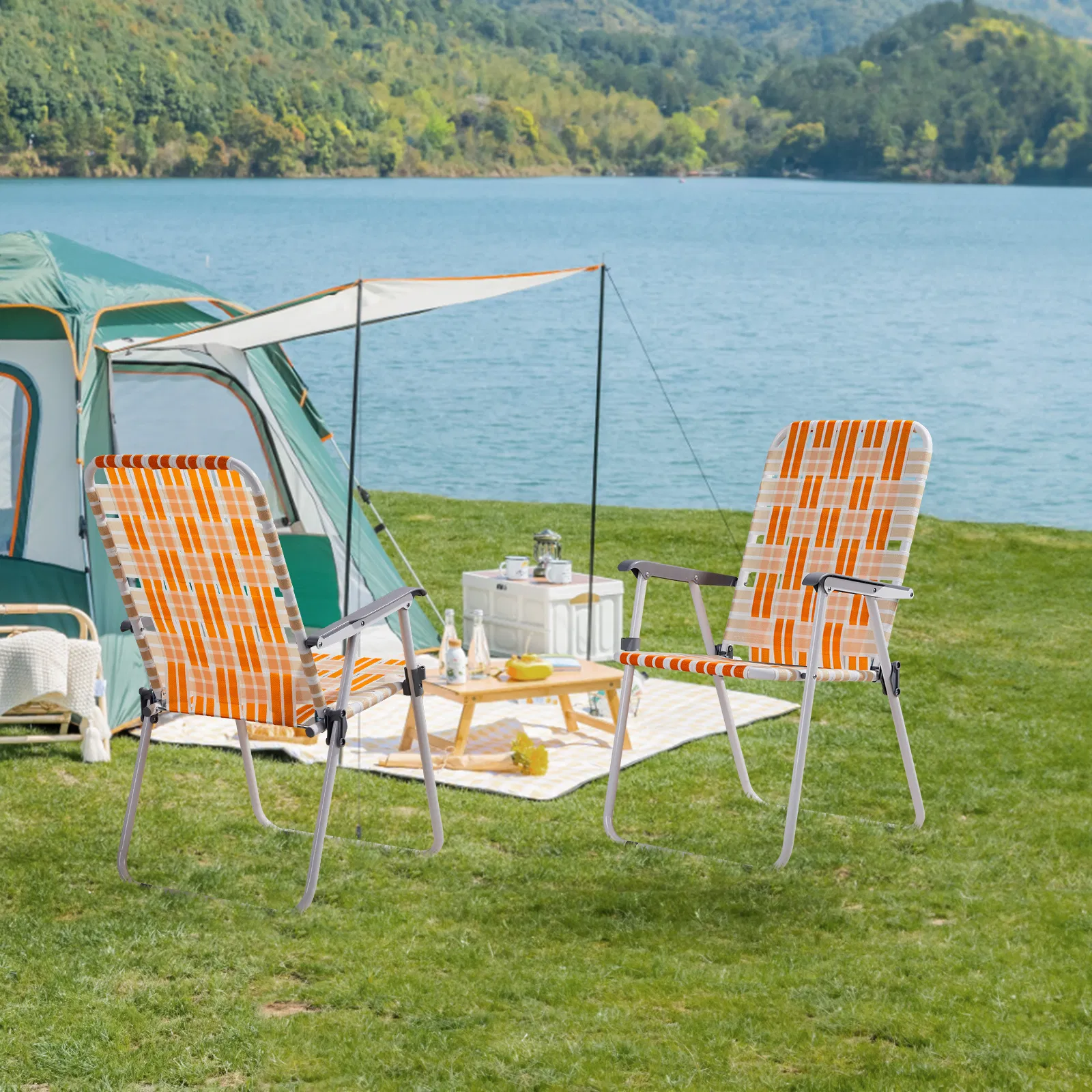 Set of 2 Webbed Folding Beach Chairs, Outdoor Patio Lawn Foldable Chairs for Camping Fishing Yard Poolside BBQ, Orange & White — image 6
