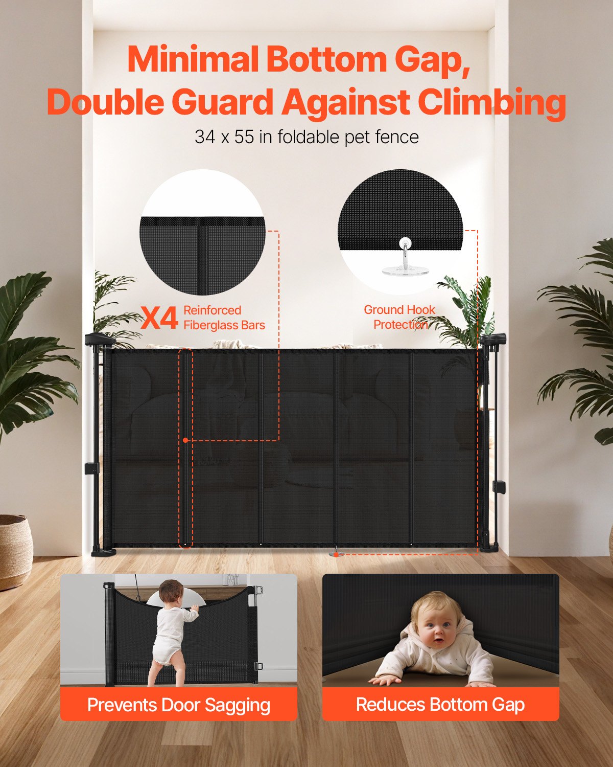 Puerta de Criba Retráctil, 34 Pulgadas de Alto, Se Extiende Hasta 55 Pulgadas de Ancho, Puerta Retráctil para Niños o Mascotas, Material de Malla, Fácil de Instalar para Escaleras, Ventanas, Pasillos y Habitaciones de Juego, Negro — imagen 5