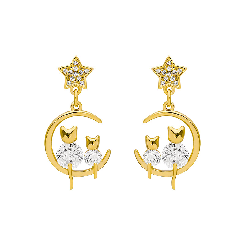 Aretes de Gato con Circonita Personalizados Estilo Coreano, Aguja de Plata 925, Edición Coreana Rojo Malla, Aretes de Diamante Estrella y Luna, Elegantes y Versátiles para Mujer — imagen 5