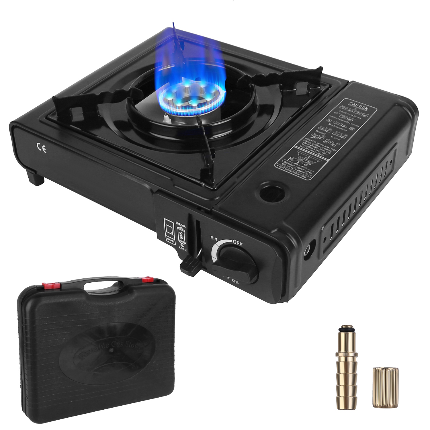 Estufa Portátil de Camping 3300W, Quemador Dual para Cartucho de Butano, Encendido Piezoeléctrico, Un Quemador con Expulsión Automática del Tanque y Corte por Sobrepresión, Estuche de Transporte para Camping, Senderismo, Picnic y Pesca — imagen 14