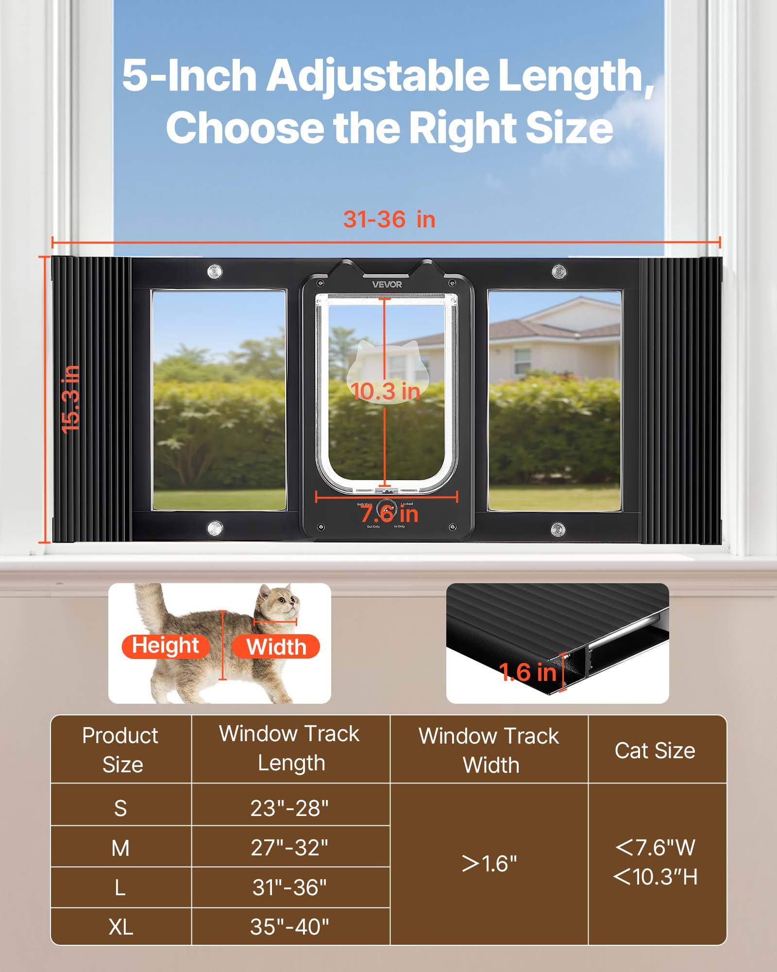 Puerta para Gatos en la Ventana, Ajustable 31"-36", 4 Modos de Bloqueo Seguros, Estructura de Aluminio y Vidrio de Alta Transparencia, Cierre Magnético, Puerta Rápida y Resistente al Tiempo para Mascotas, Negro — imagen 4