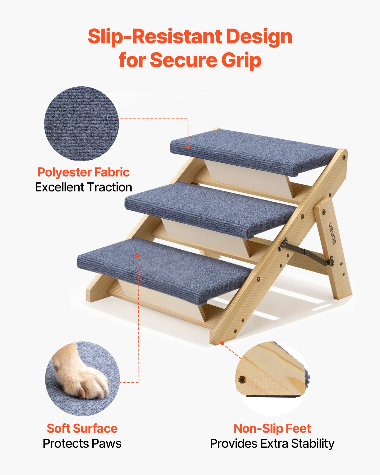 Wood Pet Stairs, 3-Step Dog Stairs For Beds, Sofa & Cars, 150lbs Load Capacity, Floded Flat Design, Stable & Sturdy Cat & Dog Step Ladder For Small Medium Large Older Pet Puppy — image 4