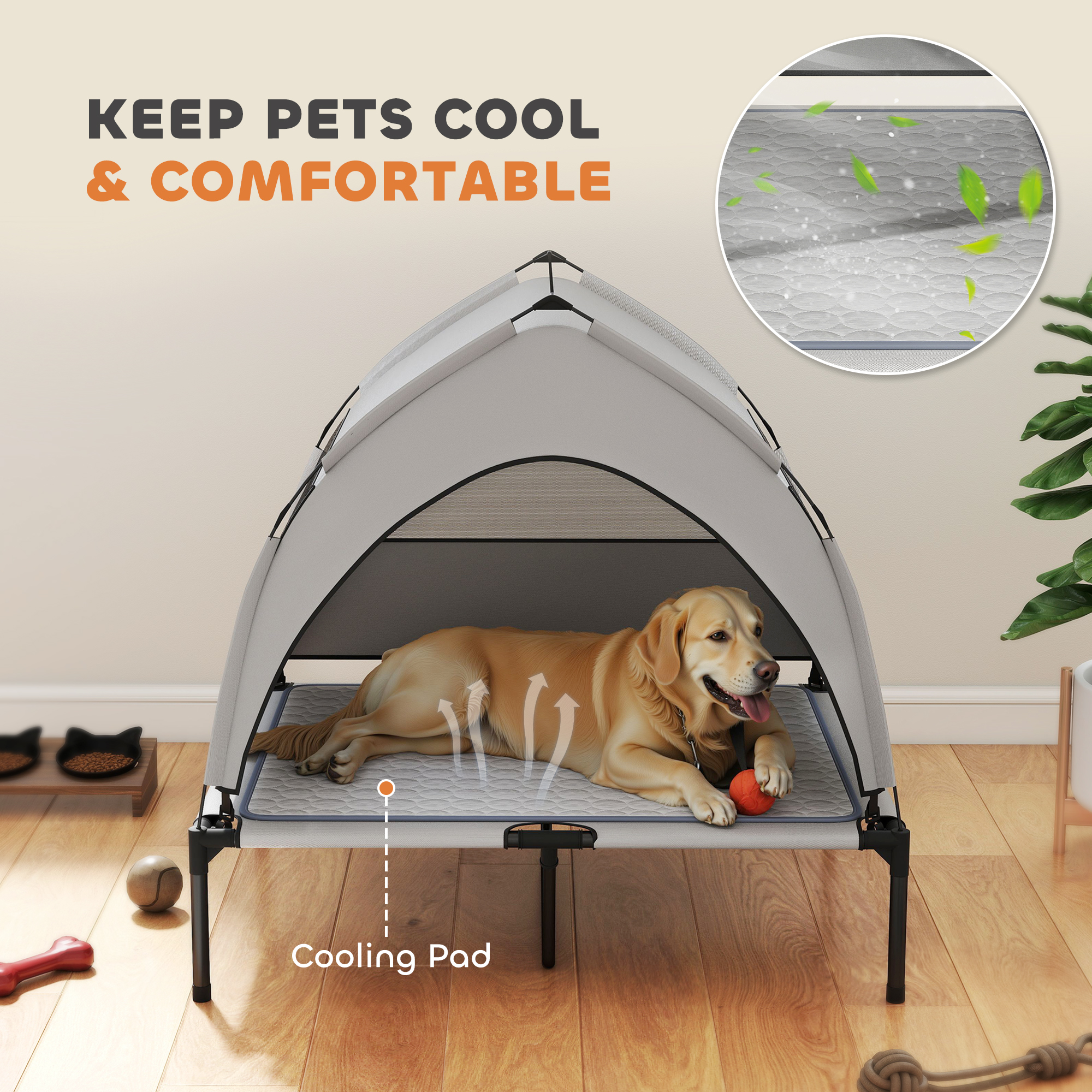 Elevated Dog Bed With Removable Canopy, Portable Outside Raised Pet Cot With Cooling Pad, Storage Bag, 36" X 29.5" X 35" — image 4
