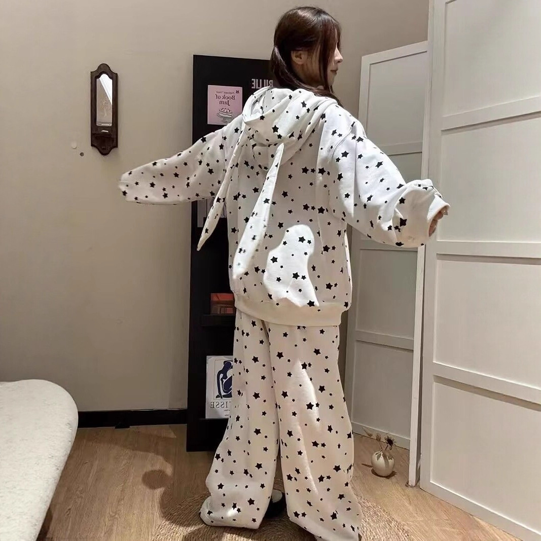 Star Print Rabbit Ears Fashion Set for Women, Hooded Sweatshirt Cardigan, Lazy Loose Two-Piece Set — image 5