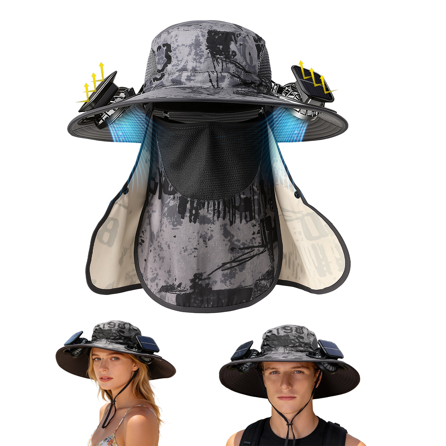 Sombrero con Ventilador Solar 2 en 1 UPF50 Sombrero para el Sol con Ventiladores, Sombrero de Pesca de Ala Ancha con Cubrecara y Protector de Cuello, Carga USB Solar Para Senderismo, Jardinería, Trabajo al Aire Libre — imagen 1