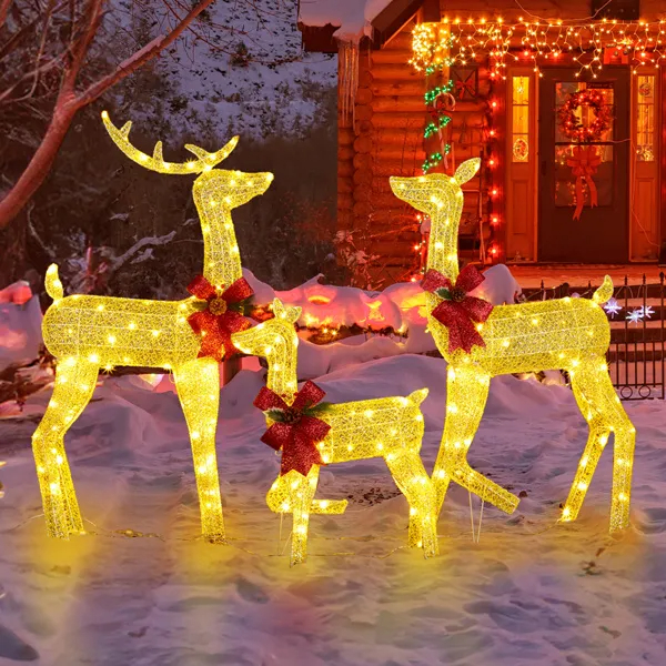 Set de 3 Piezas de Renos Navideños Iluminados para Decoración Exterior, Familia de Ciervos 2D Resistente a la Intemperie, Decoración Navideña con 200 Luces LED Blancas Cálidas Preinstaladas y Estacas, Dorado — imagen 1