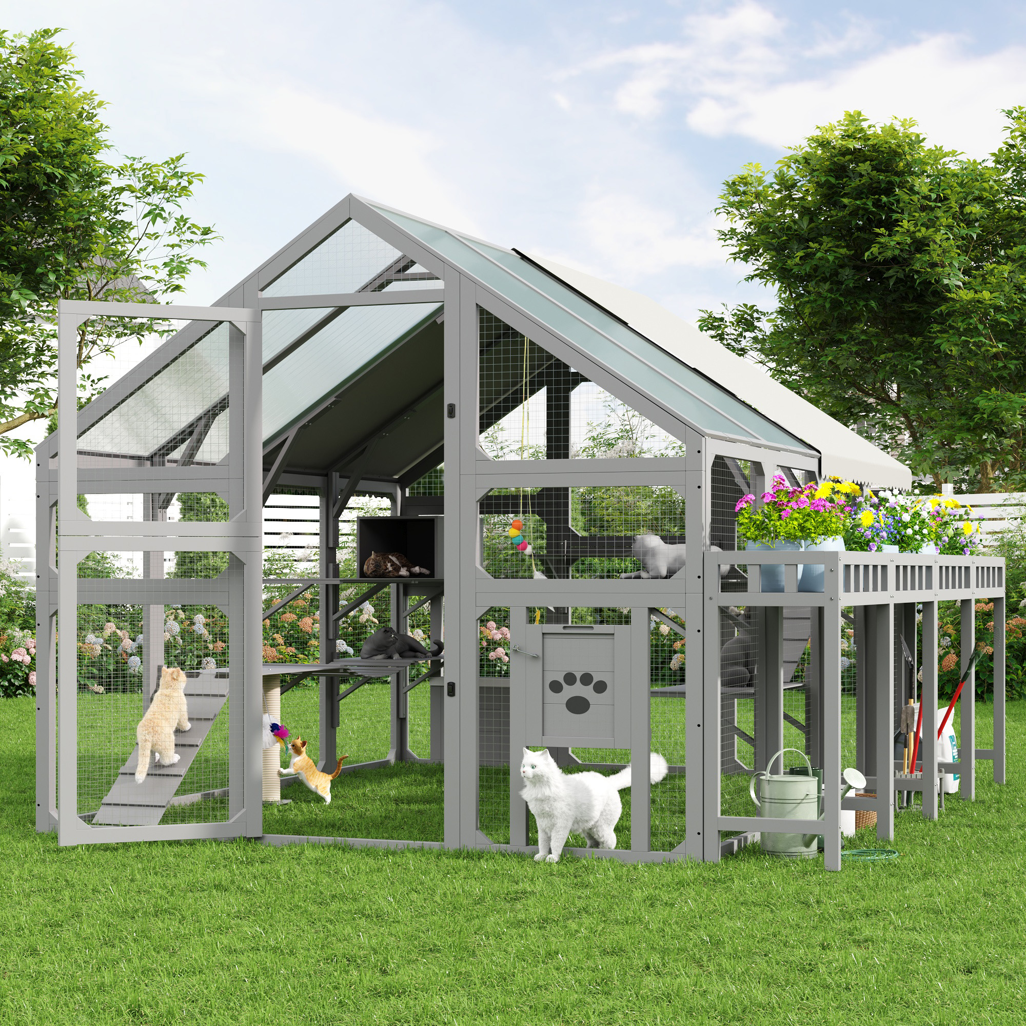 Casa Exterior para Gatos Grande con Plataforma de Maceta, Encierro de Madera para Gatos con Cajas de Descanso para Varios Gatitos, Puente Suspendido, Plataformas, Catio Accesible con Cubierta Impermeable, Gris — imagen 3