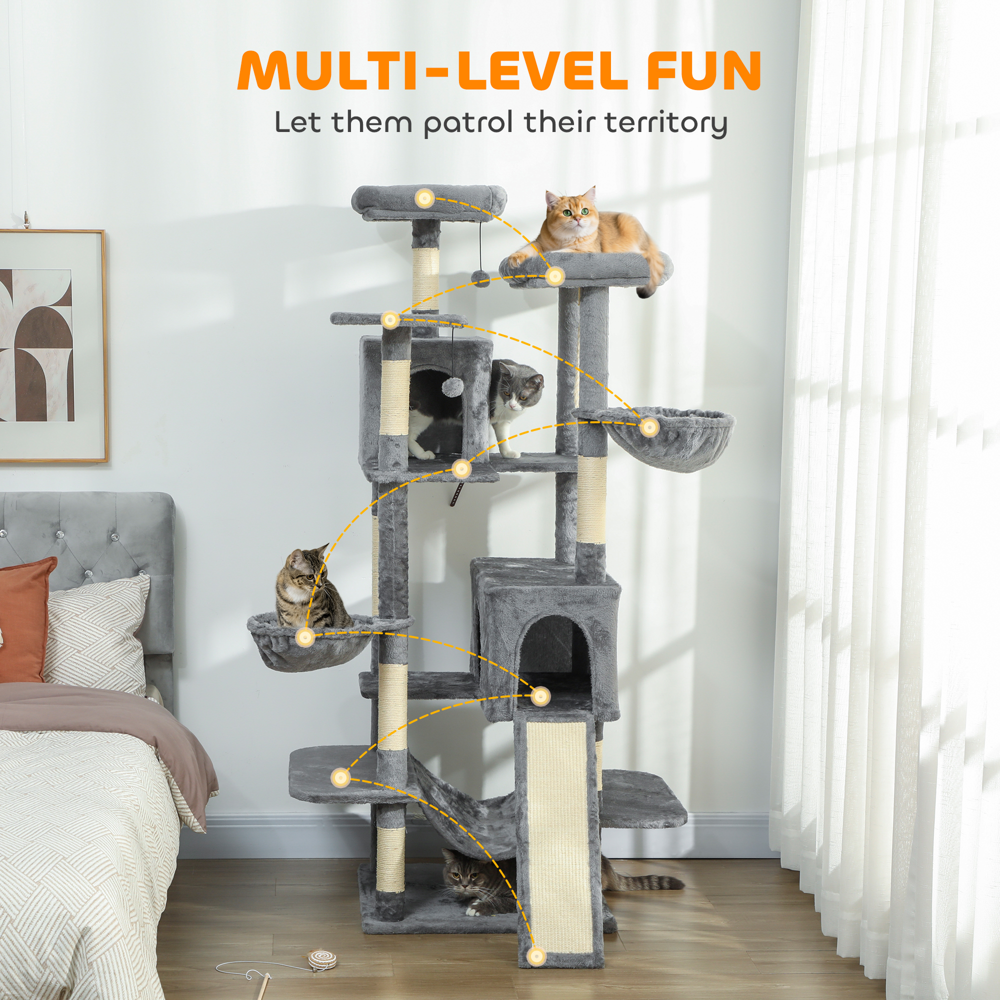 Árbol para Gatos de 69", Torre Multinivel con 2 Condominios y 3 Hamacas, 8 Postes Rascadores, para Varios Gatos, Gris Oscuro — imagen 3