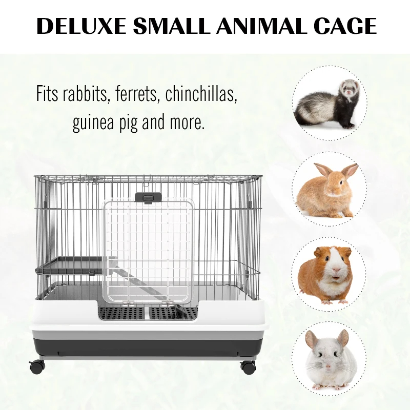 PawHut 2-Level Small Animal Cage Rabbit Hutch With Wheels, Removable Tray, Platform And Ramp For Bunny, Chinchillas, Ferret, Black — imagen 13