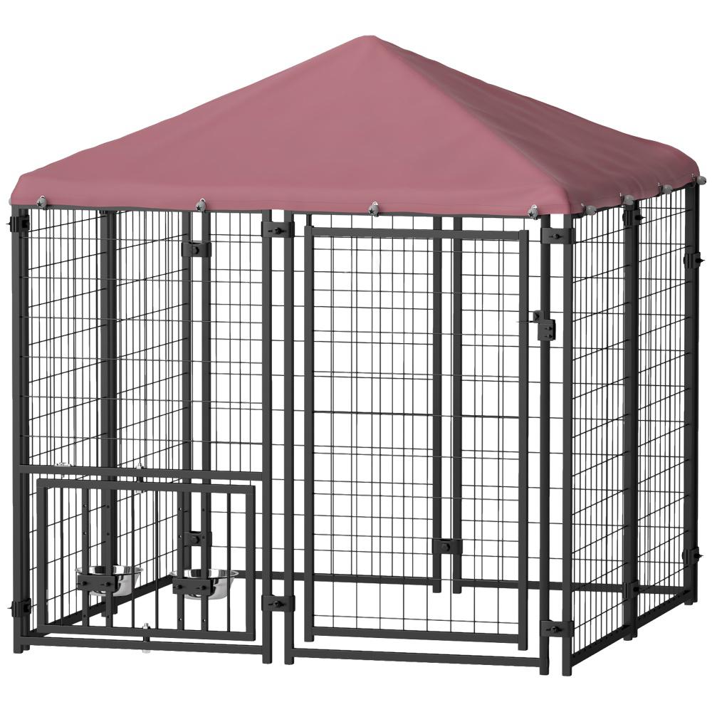 Welded Wire Outdoor Dog Kennel With 360 Rotating & 4 Levels Adjustable Bowls, Waterproof Cover, 4.6 X 4.6 X 5 — image 1