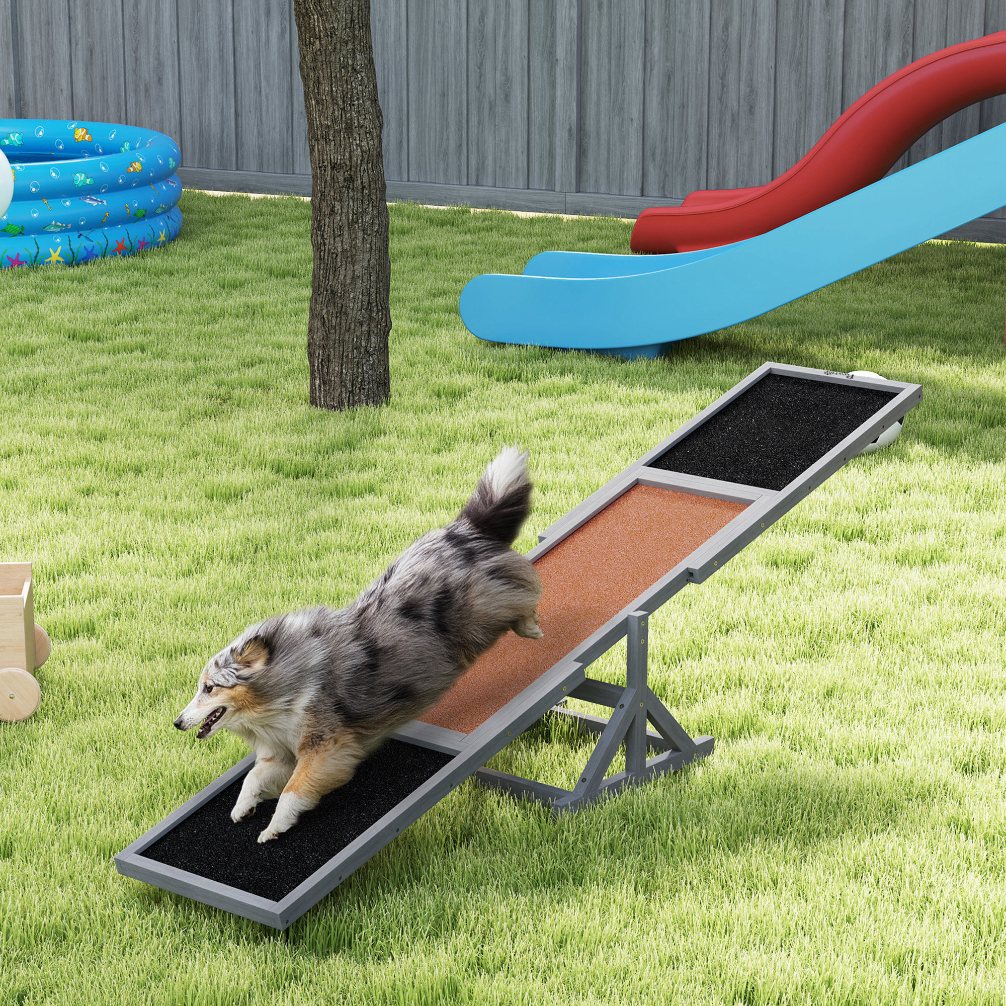 Wooden Dog Agility Seesaw for Training and Exercise, Weather Resistant, 83" L x 16" W x 14" H, Gray — image 2