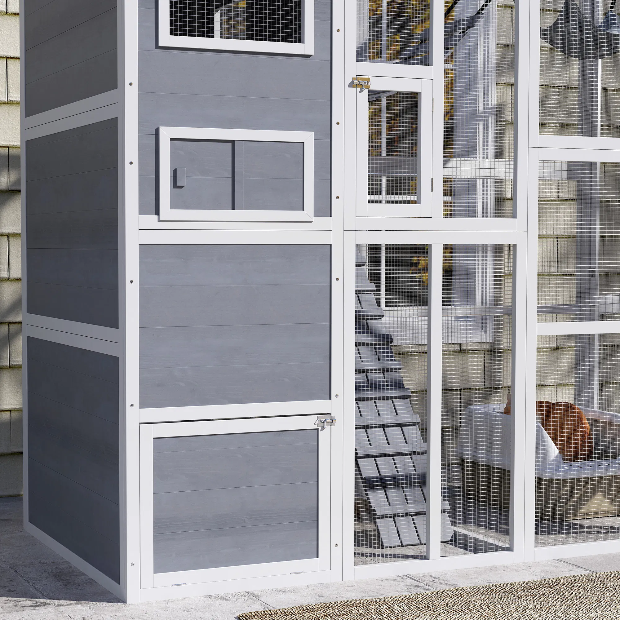76" Catio Outdoor Cat Enclosure with Cat Condo, Jumping Platforms, Ladder, Ramps, Hammock for 2-3 Indoor Cats, Grey — image 4