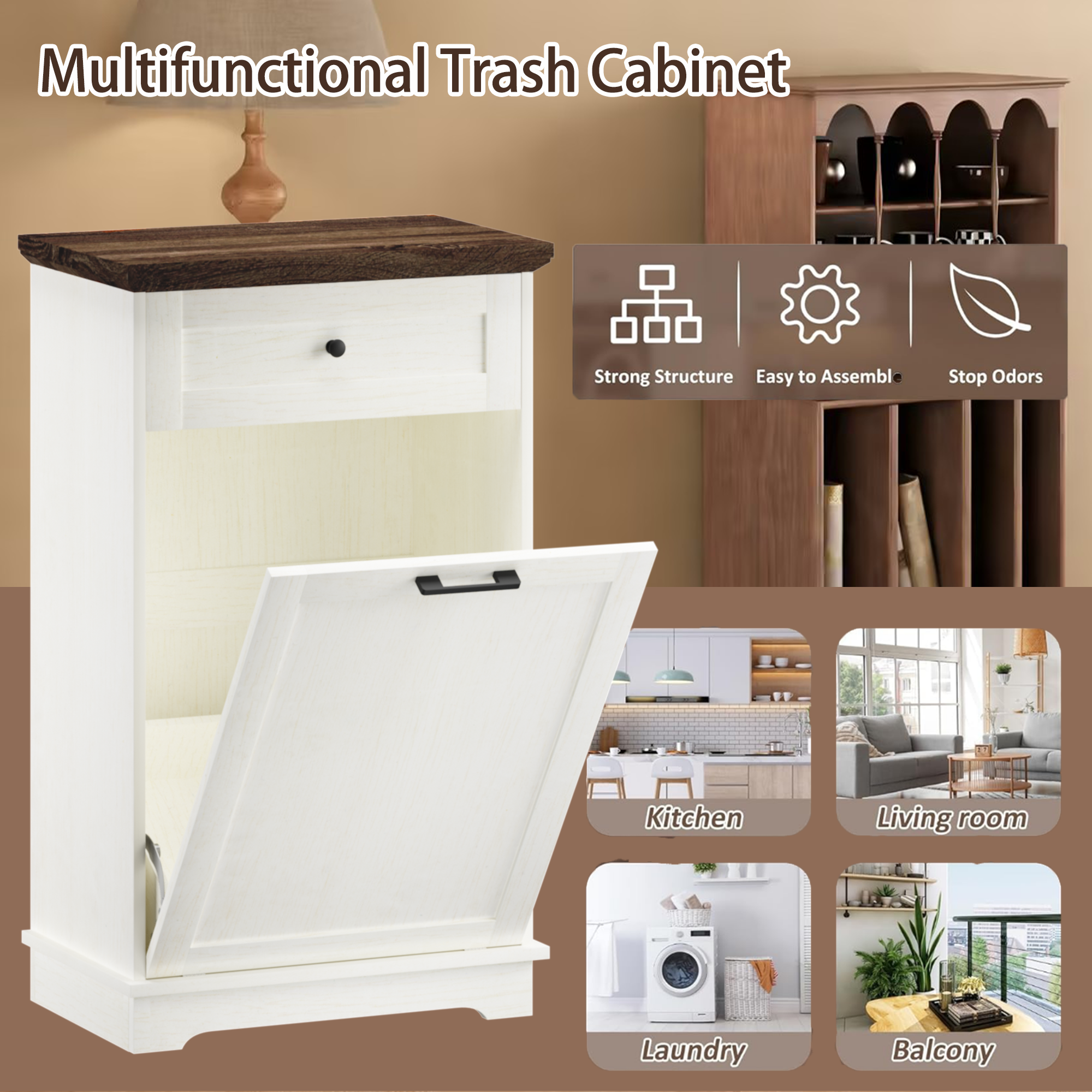 Mueble Basculante para Basurero de 10 Galones, Mueble Independiente para Bote de Basura, Mueble de Madera para Basura y Reciclaje con Cajón, a Prueba de Mascotas, para Cocina y Sala de Estar, Blanco Antiguo (No Incluye el Bote de Basura) — imagen 21