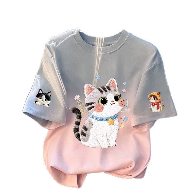 Girls' Short Sleeve T-Shirt Cat Print Casual Top — image 1