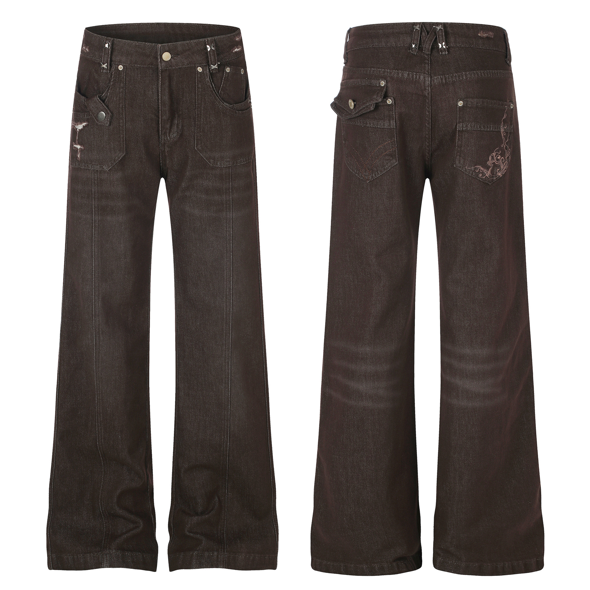 Women's High Street Embroidered Pocket Washed Distressed Cat Whisker Micro Flare Denim Jeans — image 5