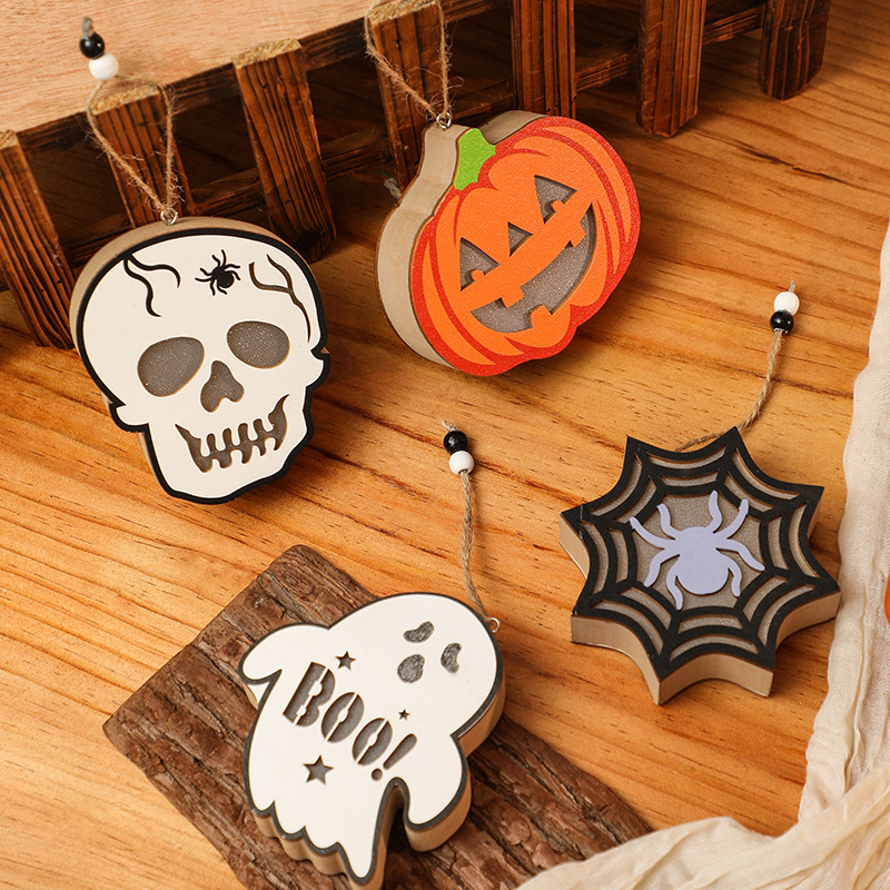 Halloween Decoration Pumpkin Lantern Wooden Skull Spider Halloween Scene Hanging Ornament Night Light — image 5