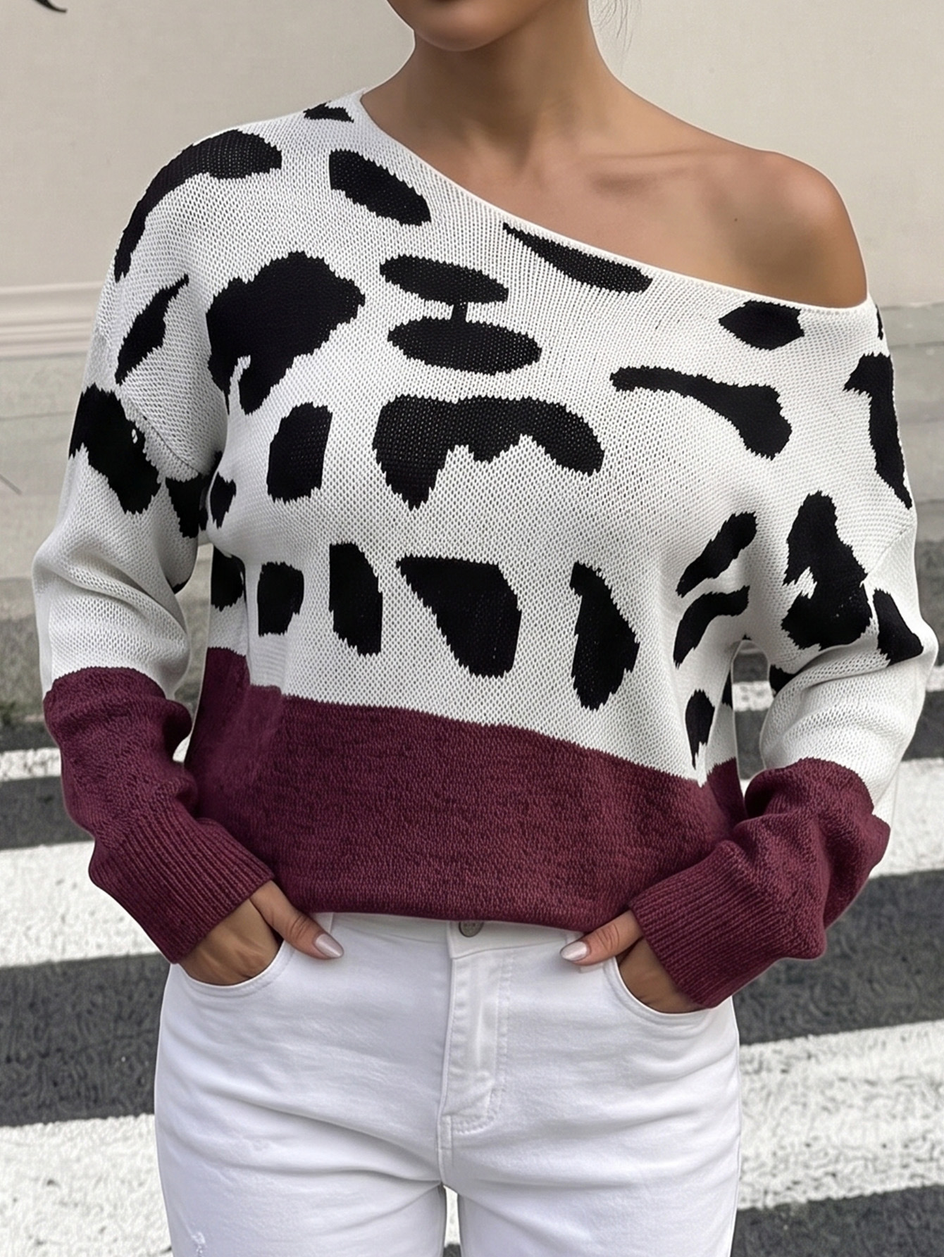 Lady's Pullover Knit Sweater Leopard Print Drop Shoulder Off-Shoulder Neckline — image 9