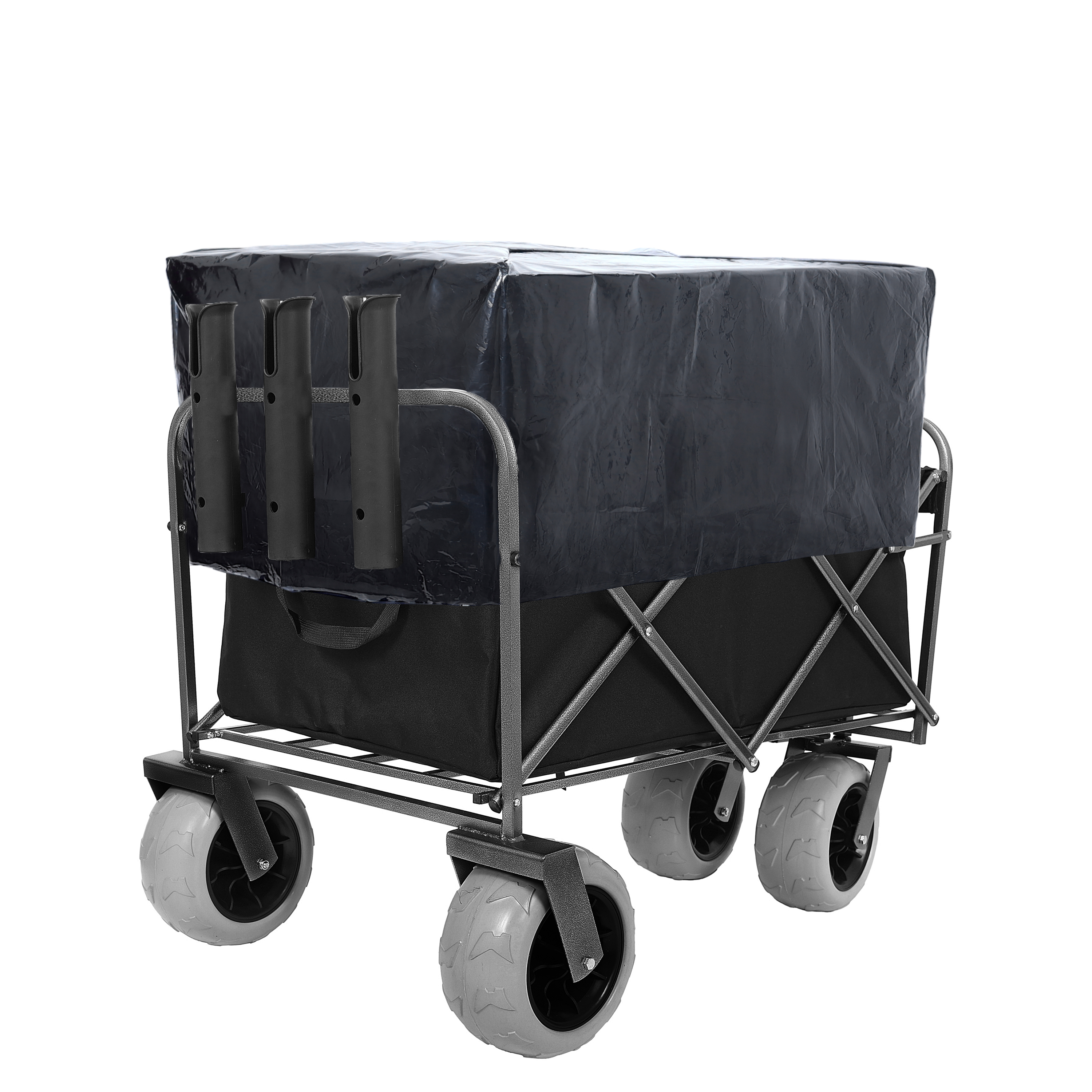Fishing Cart With Rod Holders Beach Wagon With Big Wheels For Sand 500lbs Capacity - All Terrain Steel Frame Utility Cart With 9 Pneumatic Tires Strap With Multiuse Bag Black — imagen 2