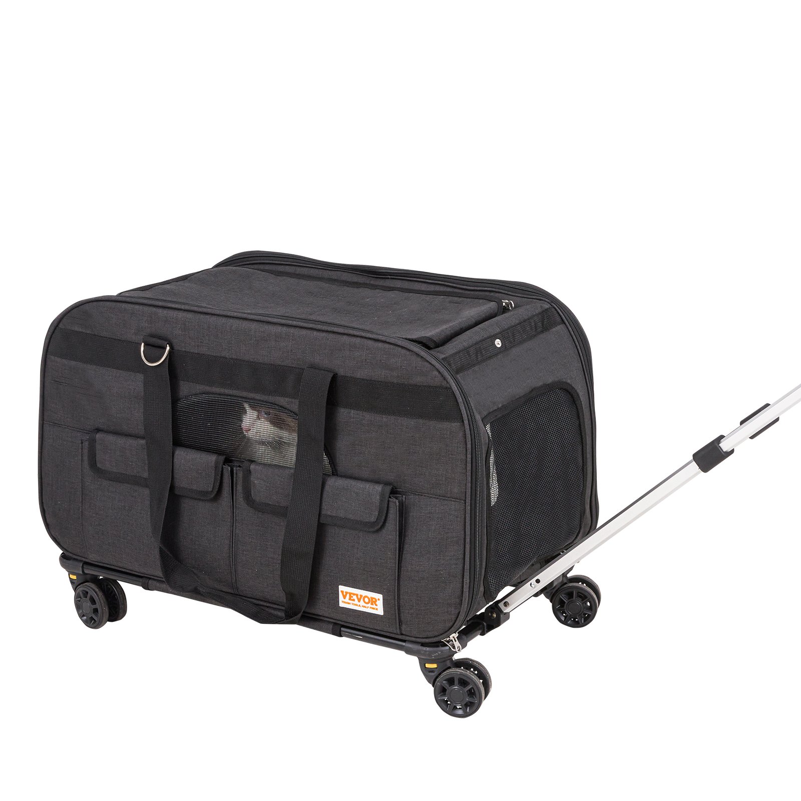 Cat Carrier With Wheels, Rolling Pet Carrier With Telescopic Handle And Shoulder Strap, Dog Carrier With Wheels For Pets Under 35 Lbs, With 1 Folding Bowl, Black — imagen 3