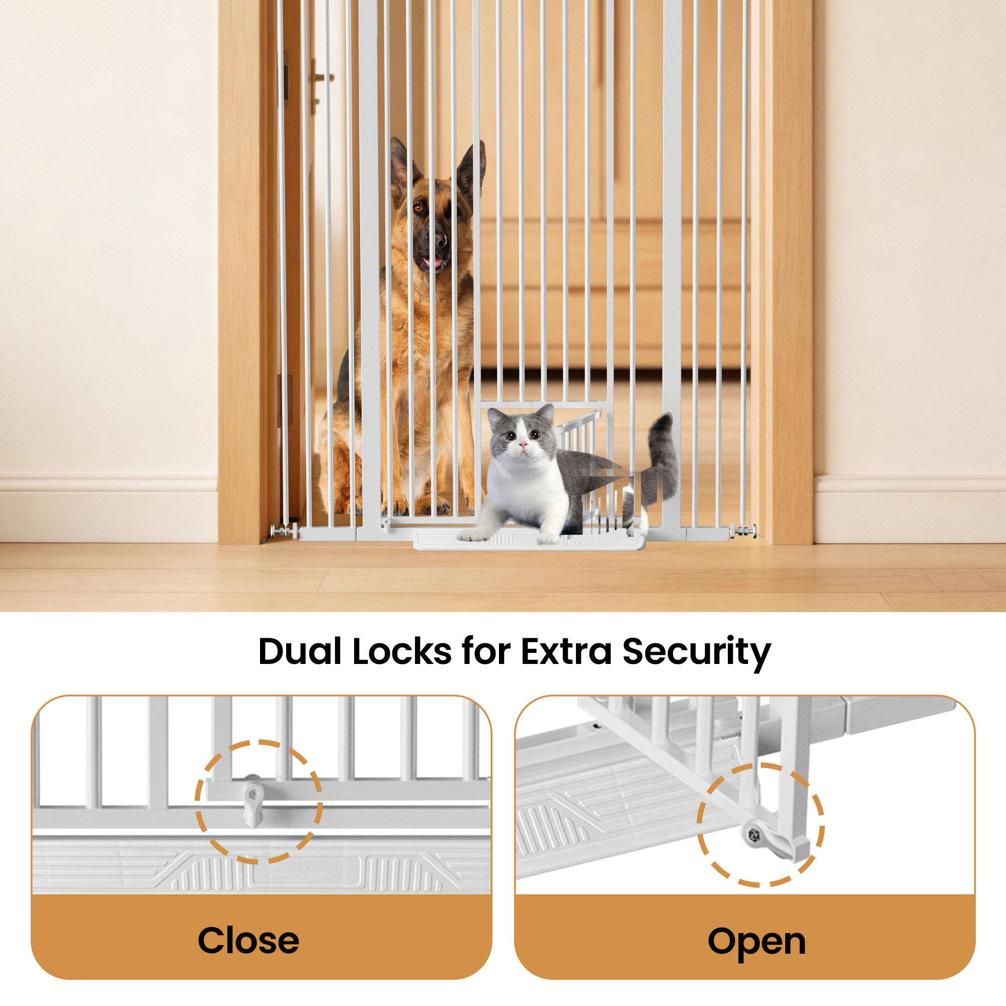 Reja Extra Alta para Gatos de 53.15" Ancho 29.53-40.16" con Puerta Pequeña para Gatos, Reja de Seguridad de Cierre Automático, Espaciado Estrecho de Barras de 1.37", Kit de Montaje a Presión sin Taladrar para Gatos y Perros, Blanco — imagen 5