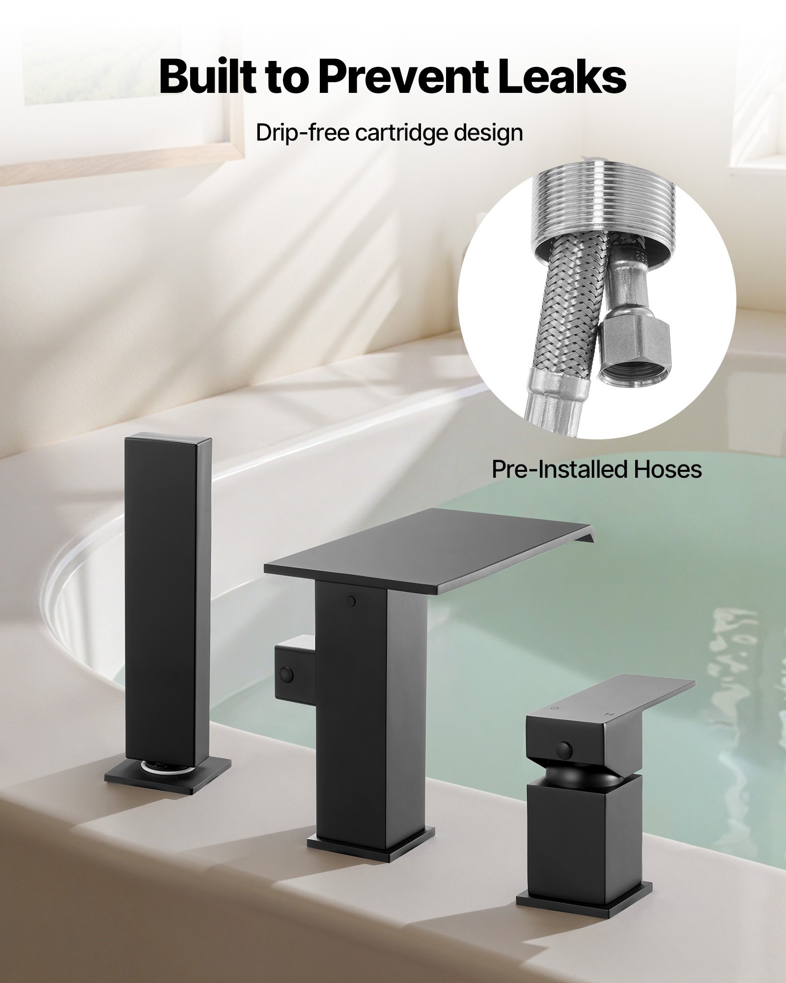 Fauceta de Baño Romano, 3 Hocicos con Cascada para Ducha y Lavabo, Conjunto de Grifos para Lavado de Mascotas, Cuidado de Bebés y Adultos, Negro Mate — imagen 3