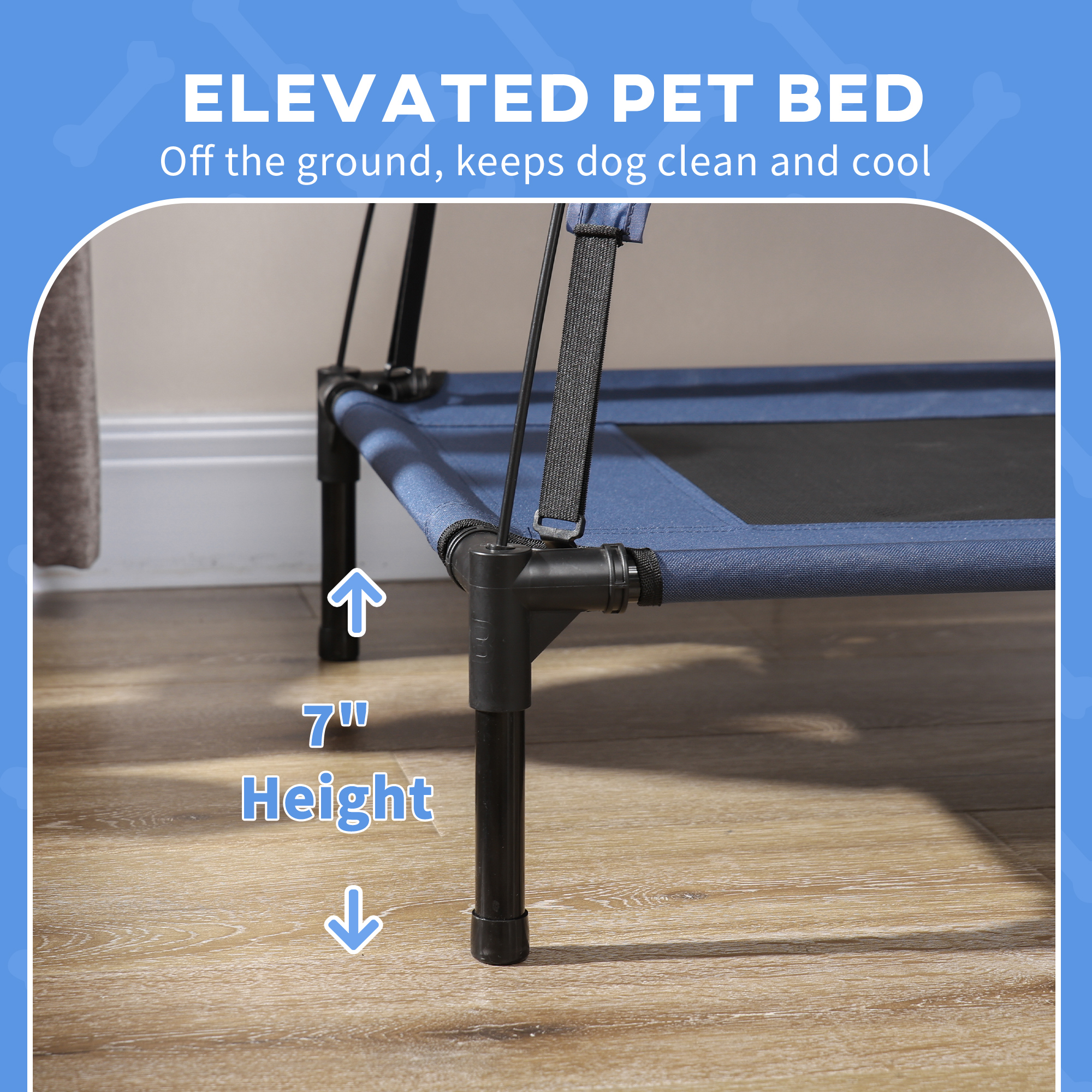 Cama Elevada Portátil para Perros con Techo de Protección UV, 30 pulgadas, Azul Oscuro — imagen 7