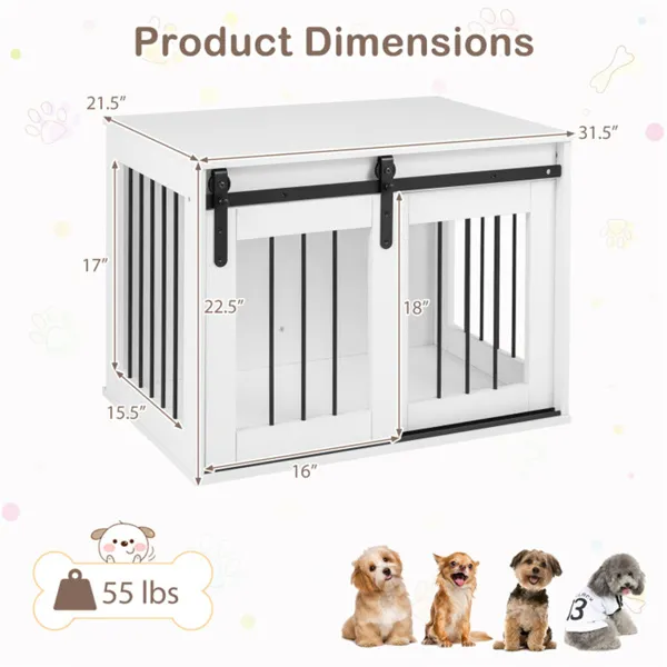 Jaula-Mueble para Perro de 31.5" con Puerta Corrediza Estilo Granero, Mesa Auxiliar/Casa para Perro de Madera para Interiores - Blanco — imagen 2