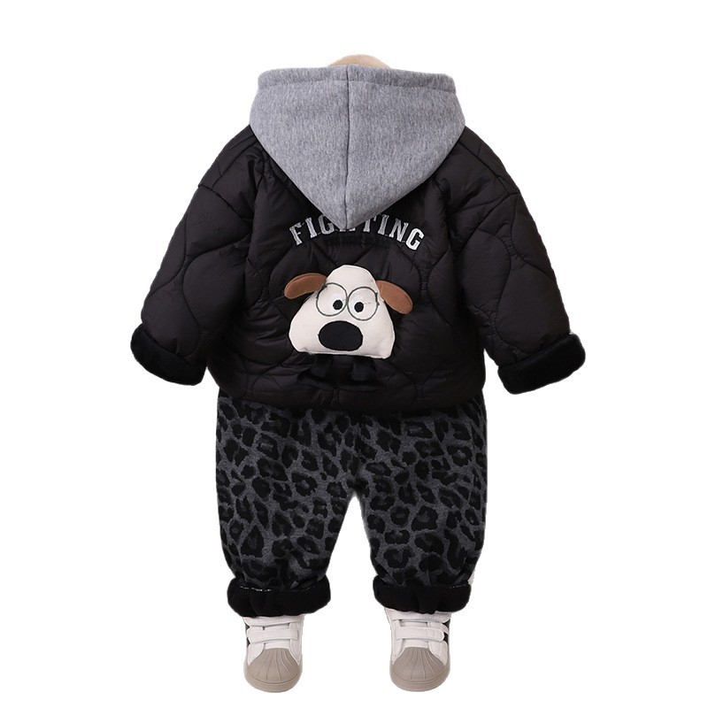 Boys' Winter Fleece-Lined Cotton Jacket Set, Fashionable Dog Print Thickened Warm Clothes, 3-Piece Kids Outfit — image 5