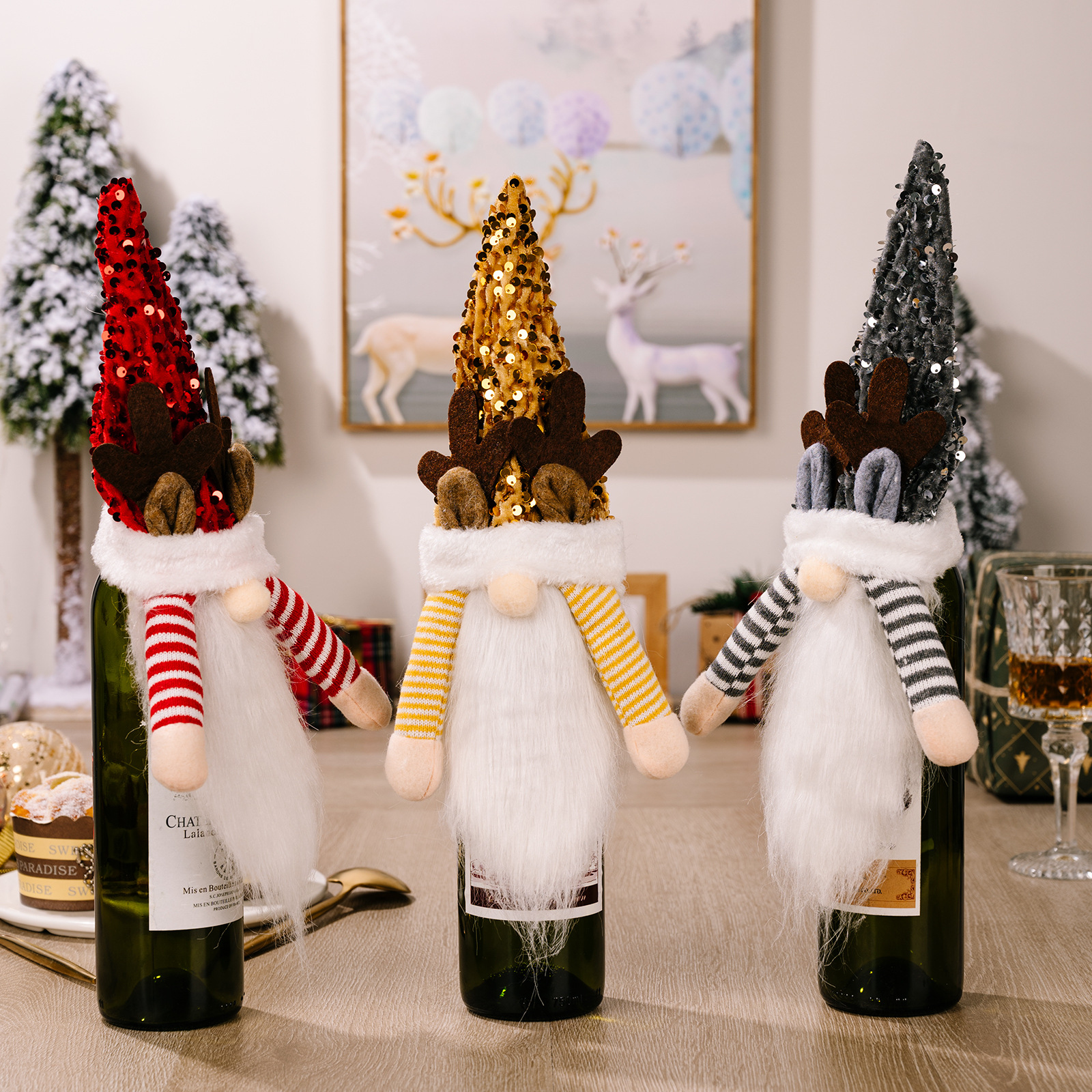 Christmas decoration items, sequins, red, yellow, black sequin caps, wine bottle covers, deer horn wine covers, red wine bottle caps — image 2