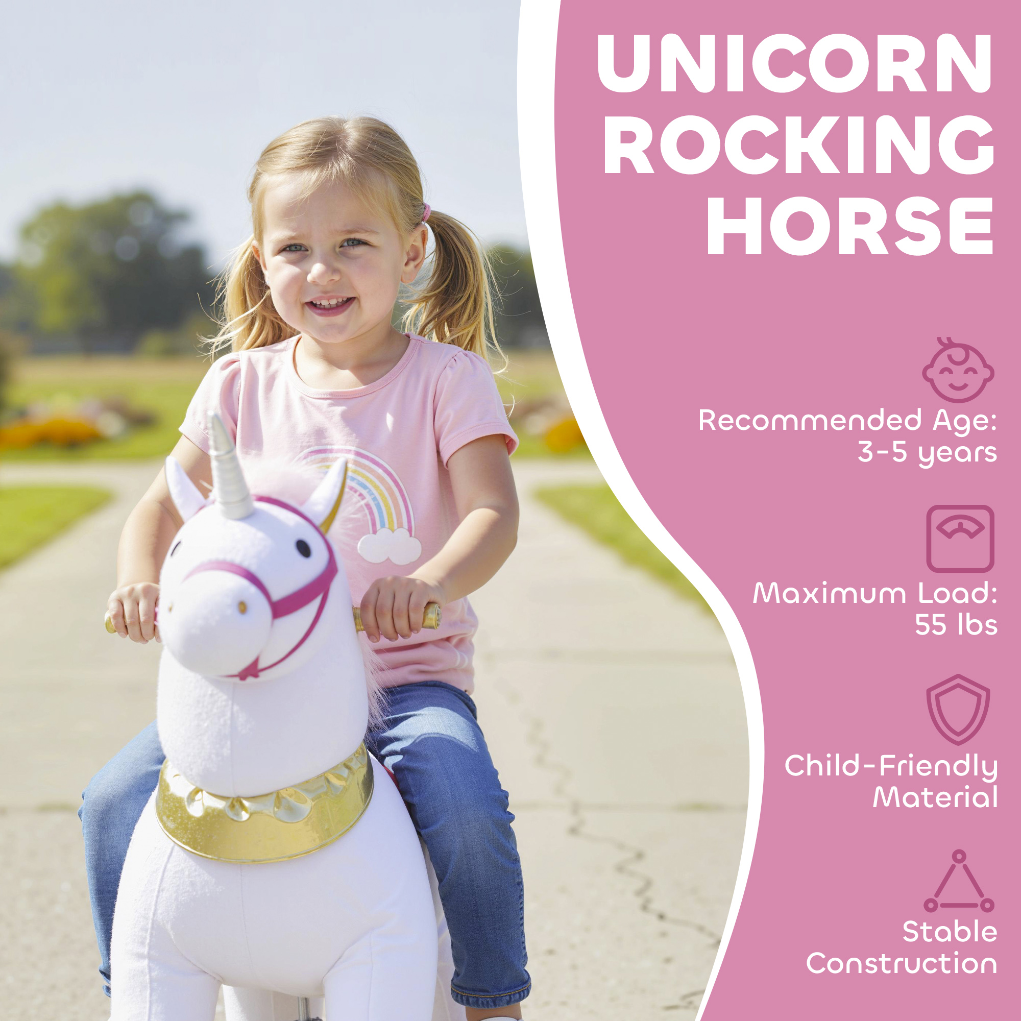 Ride on Unicorn Toy for Kids 3-5 Years, 29.5 Inch Plush Baby Rocking Horse with Wheels, No Battery Required, White — image 2