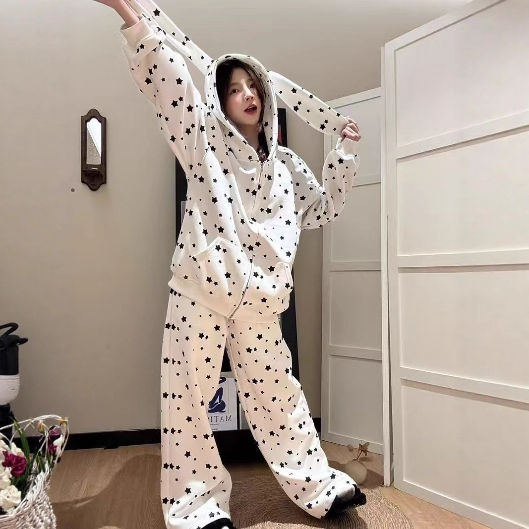 Star Print Rabbit Ears Fashion Set for Women, Hooded Sweatshirt Cardigan, Lazy Loose Two-Piece Set — image 3