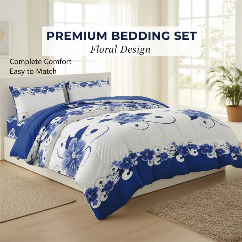 Conjunto de 3 Piezas de Cubierta de Duvet, Diseño de US Azul y Blanco Florales Botánicos Impresos en Alta Densidad, Con Cierre de Corcheta y Cordones de Esquina, Materiales de Cama Amigables con Mascotas — imagen 5
