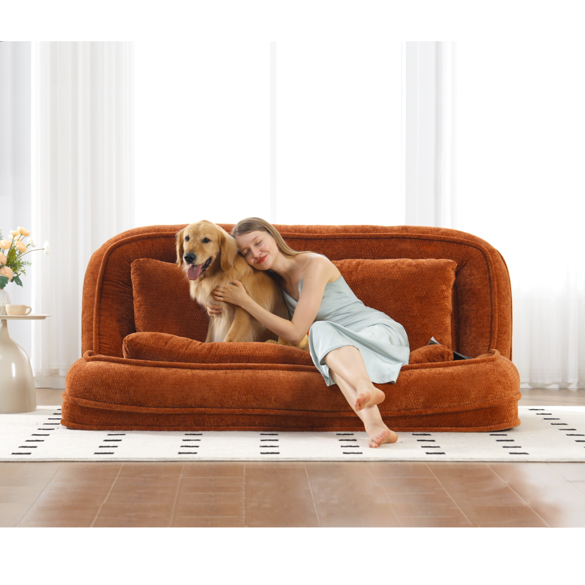 Silla de descanso doble para perros, Sofá relajante, Silla de amor, Adecuada para ti y tus mascotas, Couch de piso extra grande, Puedes sentarte o acostarte, 2 en 1, 5 posiciones ajustables, Almohada rellena, 2 asientos, Chenille naranja — imagen 25