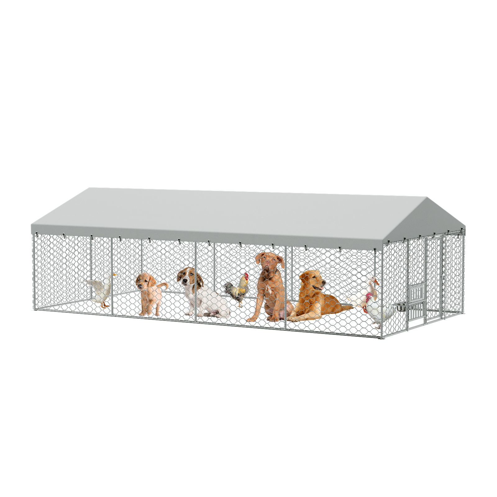 Large Outdoor Dog Kennel with Canopy, Heavy Duty Galvanized Steel Frame, Waterproof Cover, Built-in Elevated Feeding Bowls, Escape-Proof Lockable Pet Playpen for Large Dogs & Multiple Animal — image 8