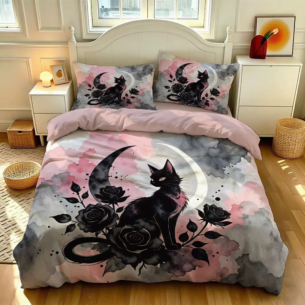 Set de Funda de Edredón de 3 Piezas con Estampado Floral de Gato Negro, Múltiples Tamaños, Cómodo y Lavable a Máquina — imagen 1