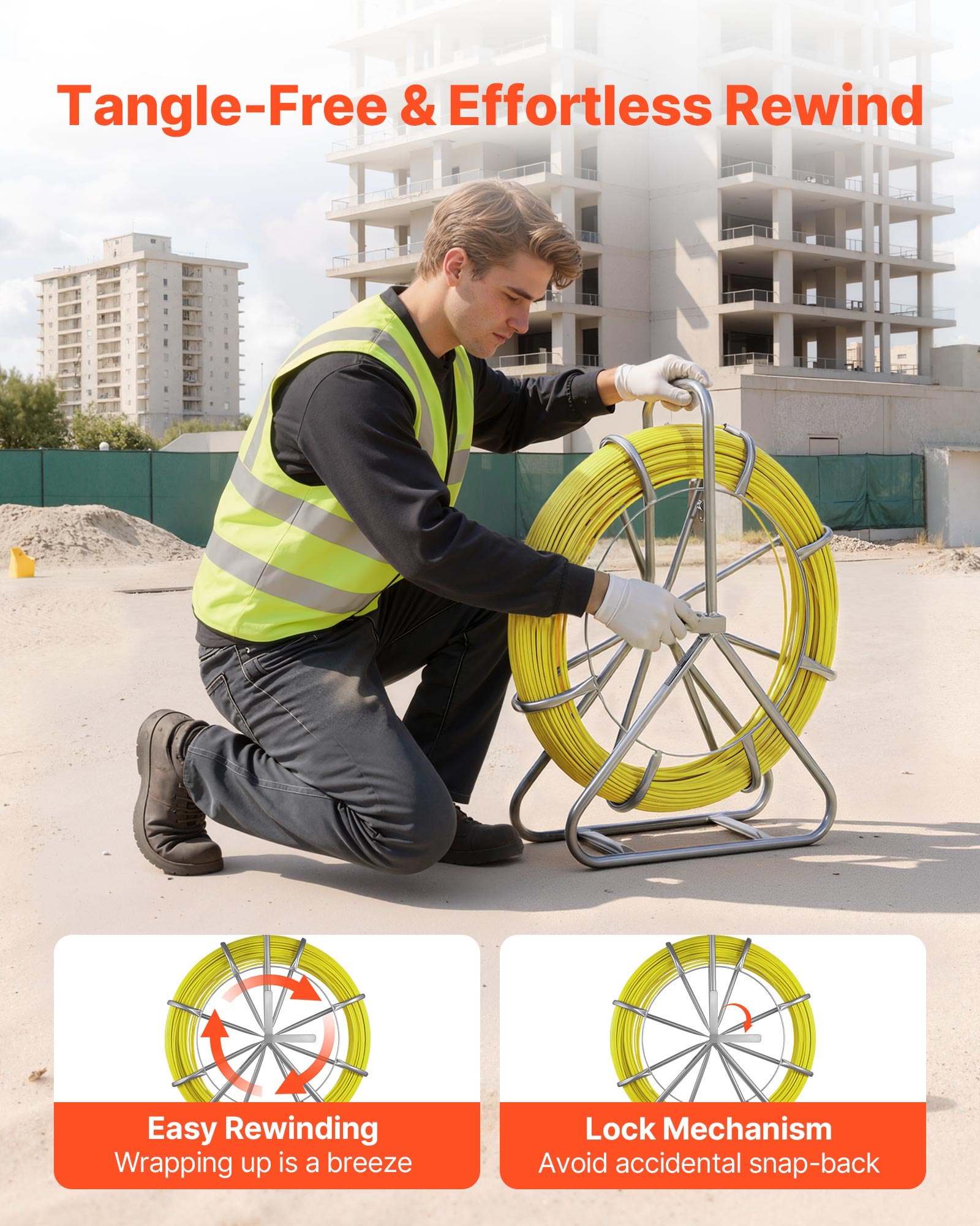Fish Tape Fiberglass, 500FT 6.3MM, Duct Rodder Fishtape Wire Puller With Stand, 1/4-Inch Cable Running Rod, Marked Every 5 Feet, Fishing Tools For Walls And Electrical Conduit, Non-Conductive — image 3