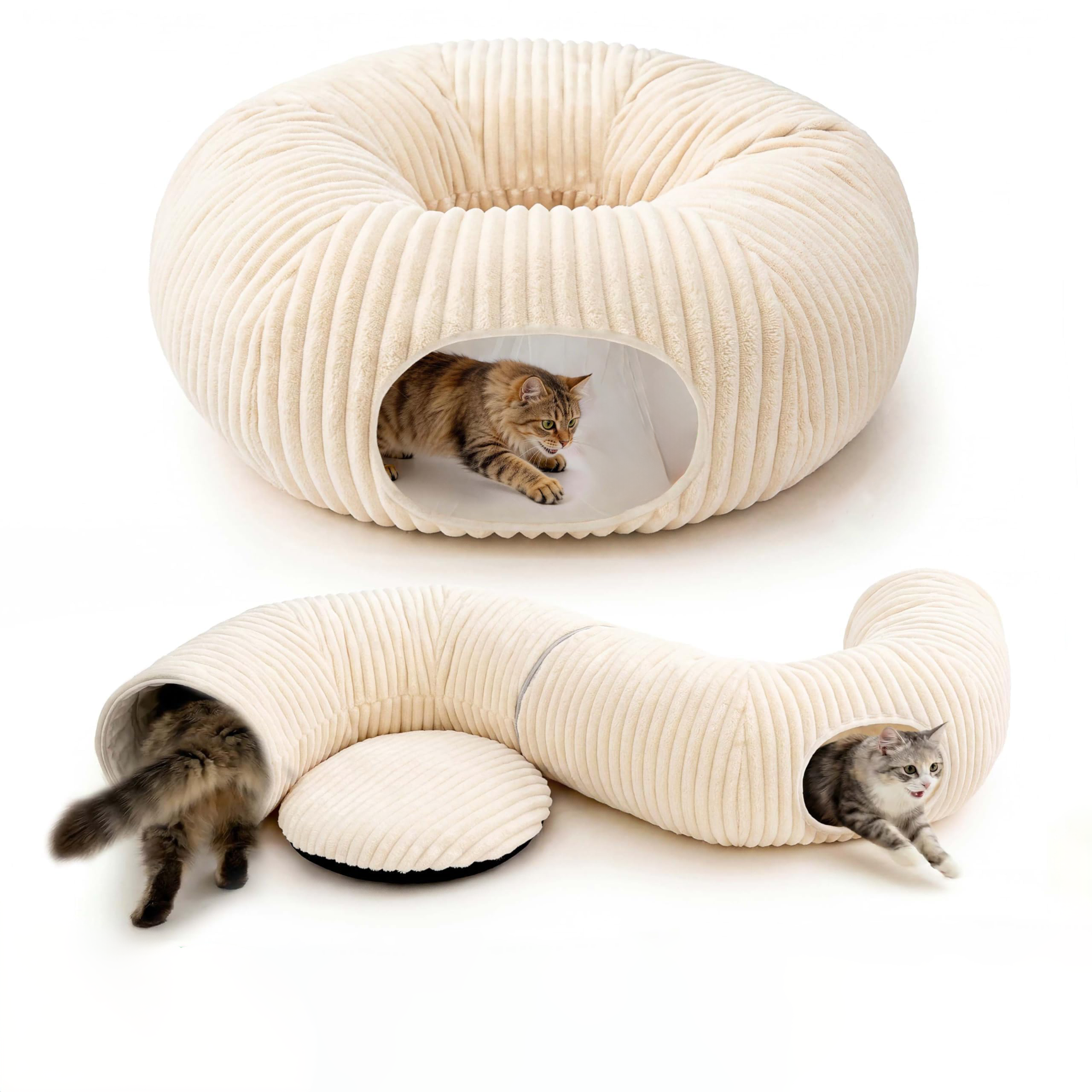 Cat Tunnel Bed With Interactive Cat Toys, Cat Tube With Kitten Toys For Indoor Kittens, Collapsible Play Tunnel, White — image 1