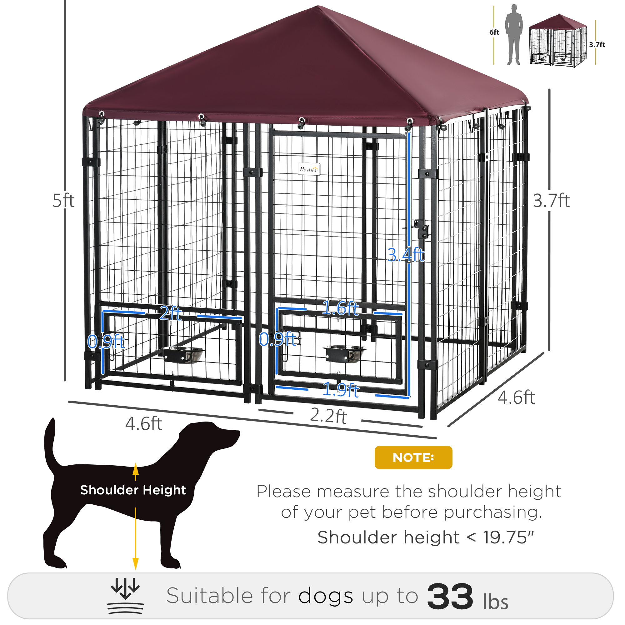 Outdoor Dog Kennel With Rotating Bowl Holders, Pet Playpen With Waterproof Cover, 4.6' X 4.6' X 5', Red — imagen 4