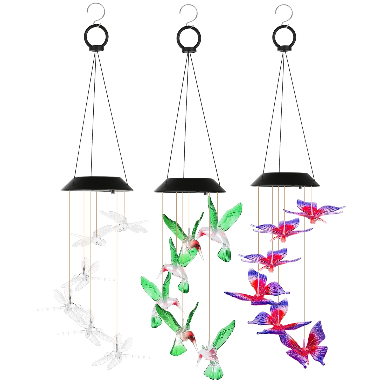 3Pack Solar Hummingbird Butterfly Dragonfly Wind Chimes 7 Color Changing Wind Chime For Outside IPX4 Waterproof Outdoor Garden Yard Decor — image 3
