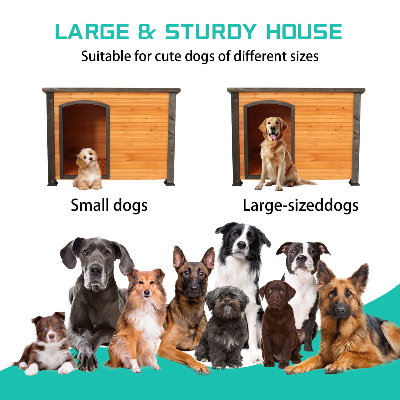 Casa para perro de 45" para exterior e interior, caseta de madera con tira para invierno y patas elevadas, resistente a la intemperie para perros grandes, dorado, rojo y negro — imagen 3