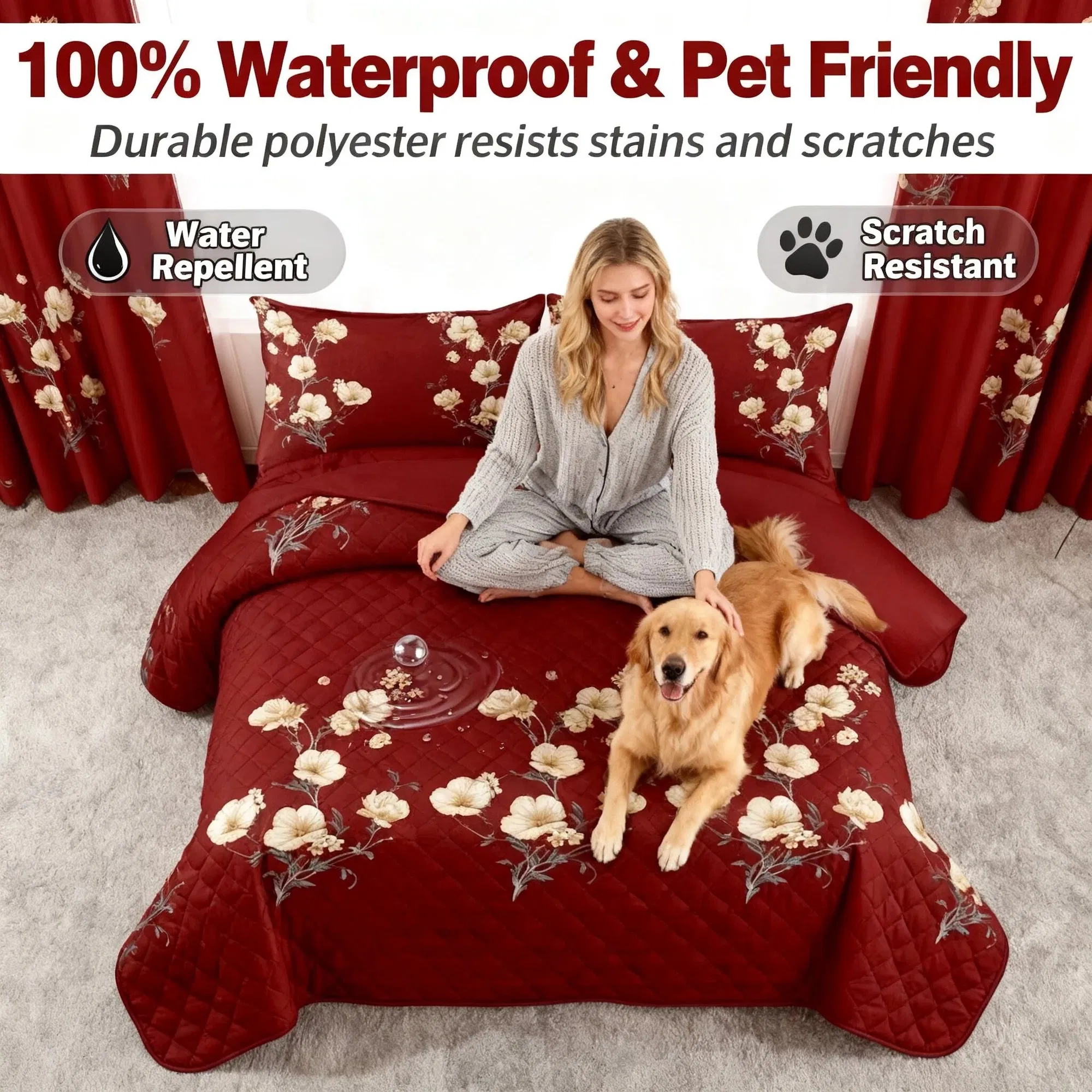 9-Piece Burgundy Red Floral Bedding & Curtain Combo Set, Elegant Wine Red Quilted Bedspread with 6 Light Filtering Window Panels & 2 Shams, Easy Care Microfiber Coverlet, Pet Friendly — image 6