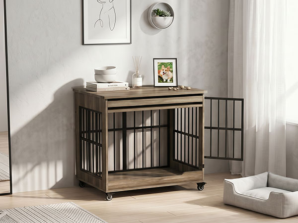 Dog Crate Furniture, Double Door Wooden Indoor Dog Kennel Furniture, Decorative Pet Cage End Table With Wheels For Medium And Small Breed Dogs, Size M, Greige — image 29
