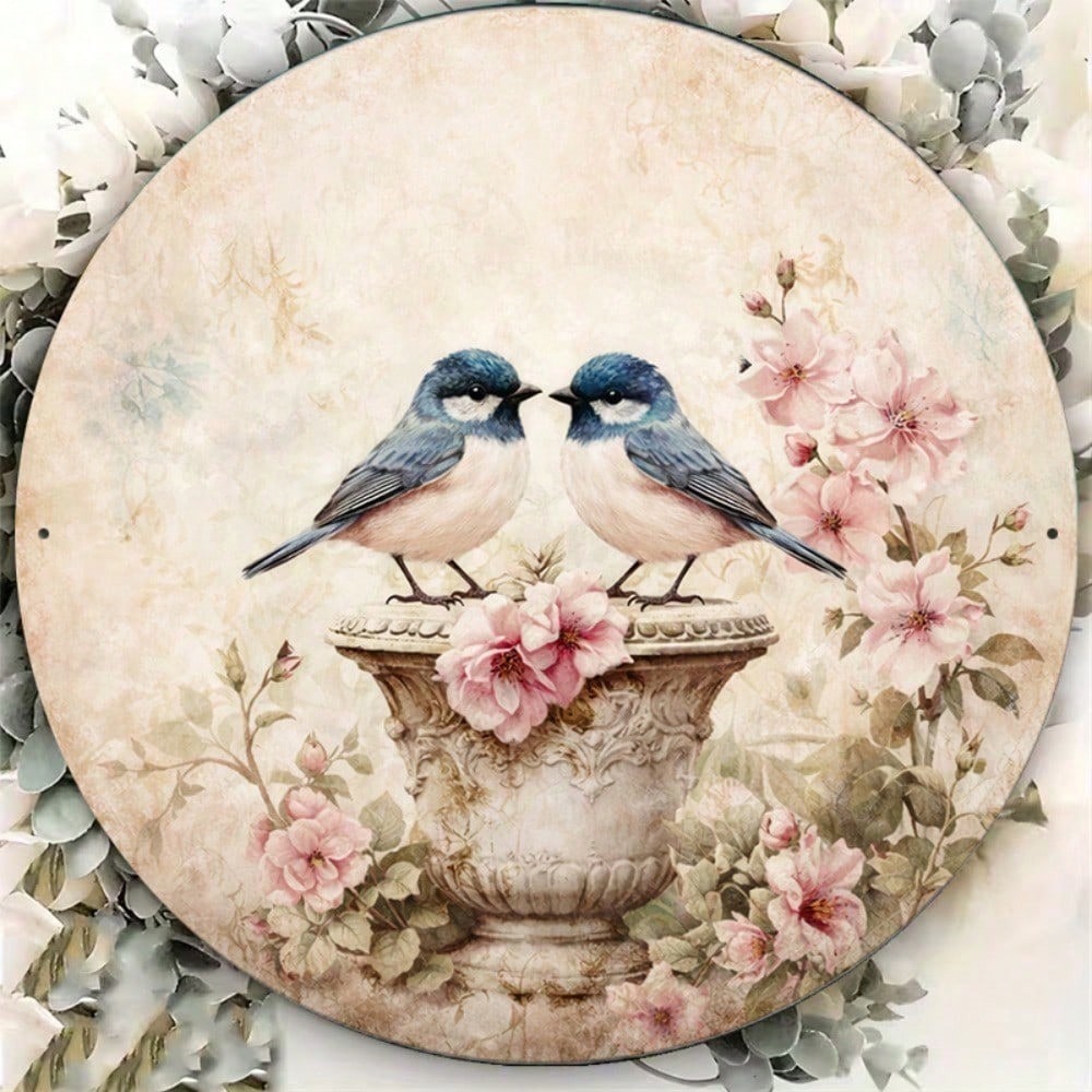 Vintage Bird & Flower Round Sign 8x8in Chinese Style Yard Decor — image 2