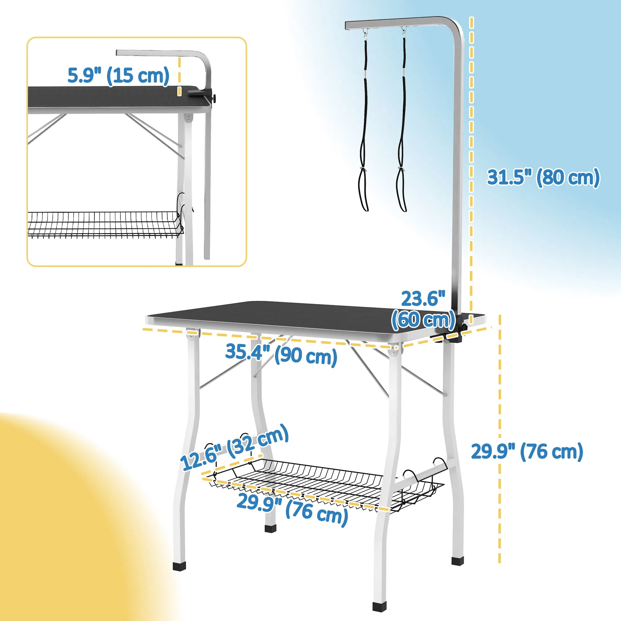 Dog Grooming Table w/ Adjustable Arm, Mesh Tray, Two Nooses, Rubber Surface, 35" x 24" x 61", Black — image 2
