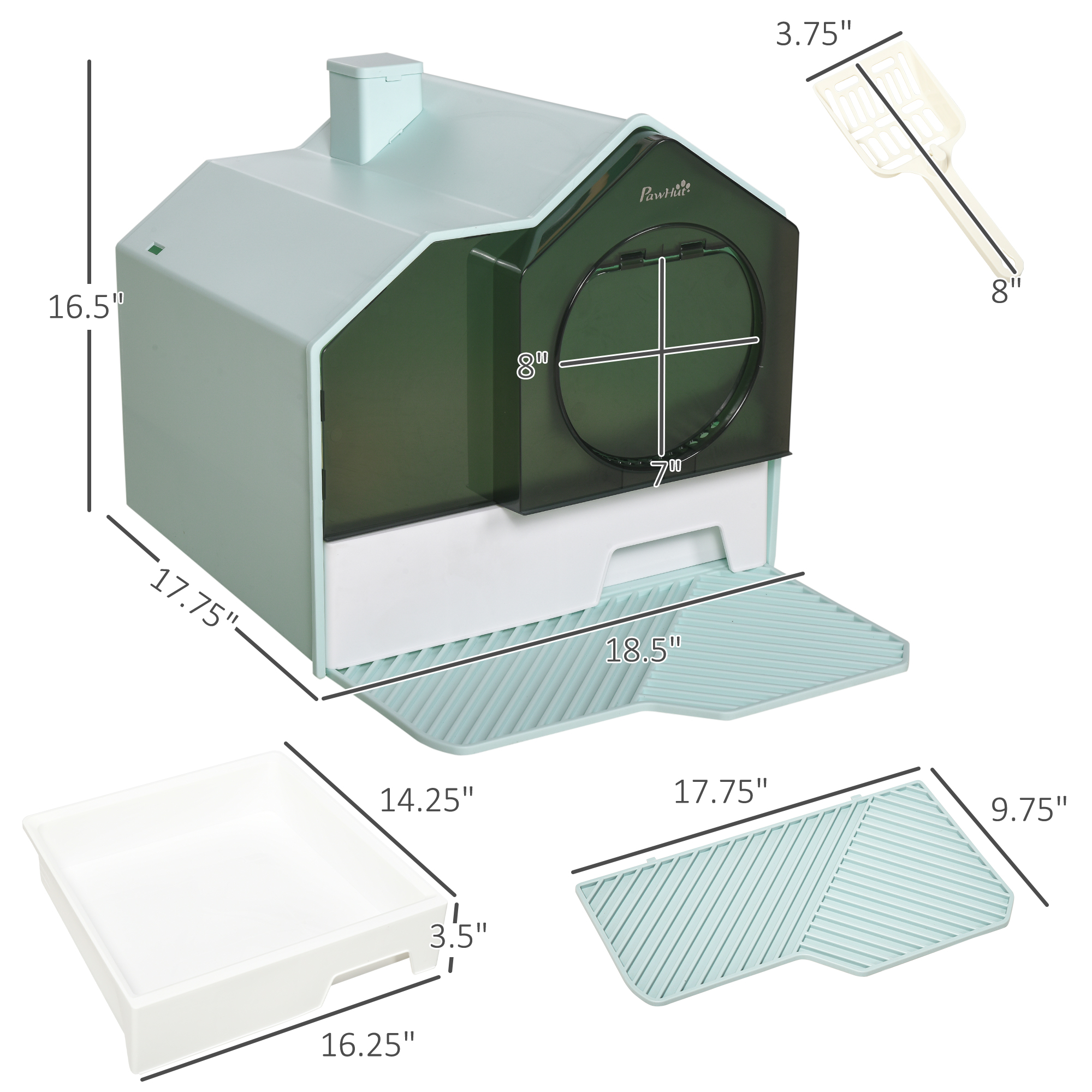 Hooded Cat Litter Box w/ Litter Mat, Litter Particle Catching, Light Blue — image 6
