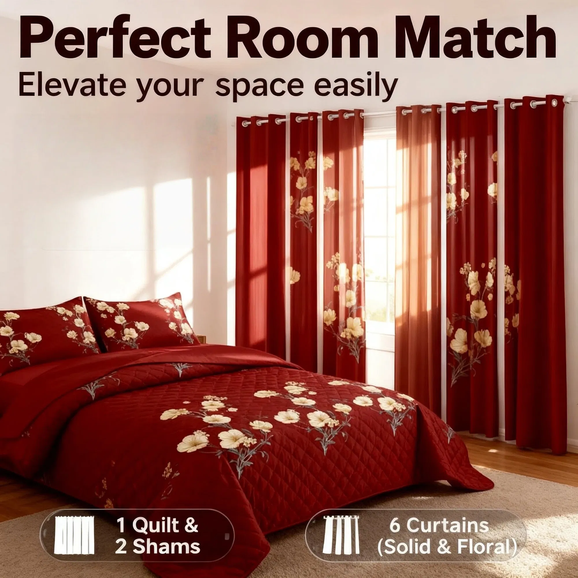 9-Piece Burgundy Red Floral Bedding & Curtain Combo Set, Elegant Wine Red Quilted Bedspread with 6 Light Filtering Window Panels & 2 Shams, Easy Care Microfiber Coverlet, Pet Friendly — image 4