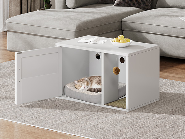 Caja de Limpieza para Gatos Multifuncional de Diseño Blanco Moderno Casa para Gatos con Lavabo y Mesa de Sílabo para Dormitorio y Salón — imagen 31