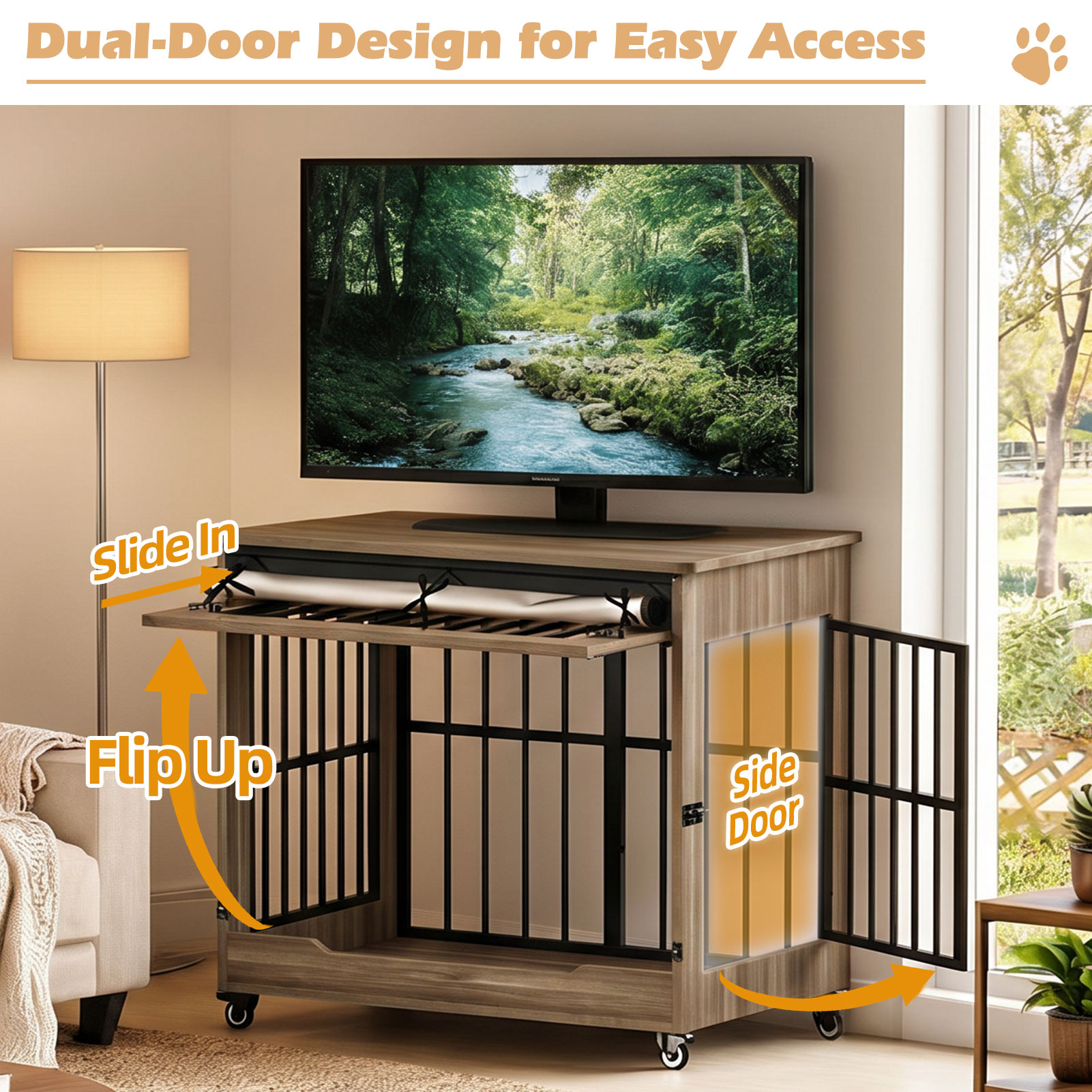 Large Dog Crate Furniture, Double Door Wooden Indoor Dog Kennel Furniture, Decorative Pet Cage End Table With Wheels For Large Breed Dogs, Size XL, Greige — image 2
