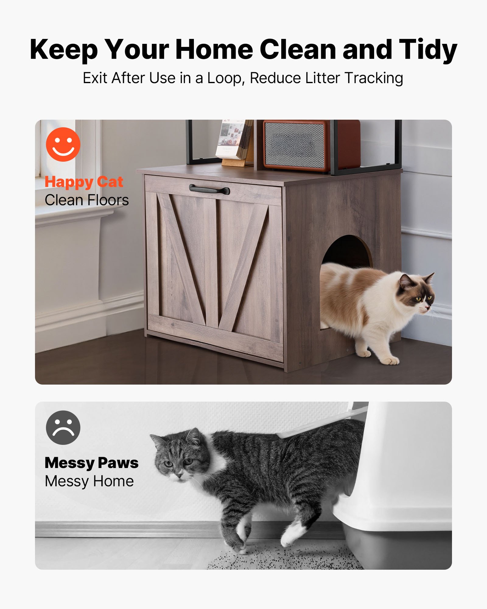 Caja de Arena para Gatos con Encierro Moderno, 23.6'' de Ancho - Armario Oculto con Almacenamiento y Estanterías, Diseño Minimalista Impermeable — imagen 5