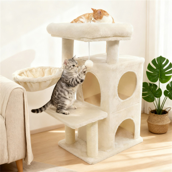 Rascador para Gatos Multinivel Beige de 33.5 Pulgadas con Condominio de 2 Niveles, Postes de Rascar de Sisal y Dispositivo Antivuelco para Gatos — imagen 7